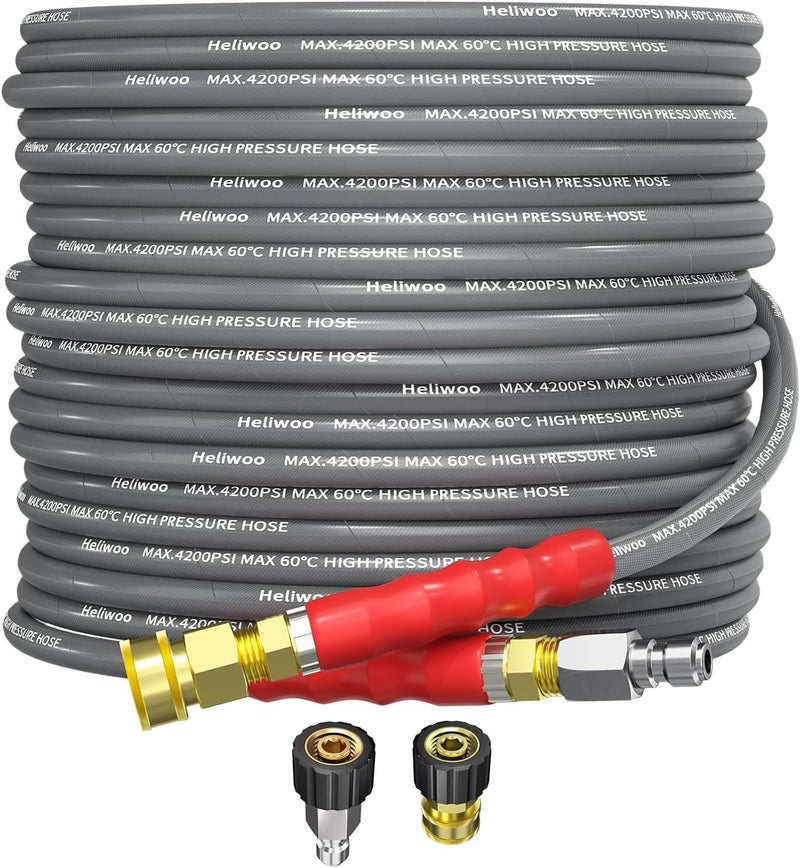Heliwoo خرطوم غسالة ضغط 50 قدم، 4200 PSI خرطوم تمديد غسالة الطاقة مع سلك مضفر 1/4 بوصة عالي الشد، مرن ومقاوم للانحناء، خرطوم بديل ثقيل الوزن مع توصيل سريع 3/8 - Image 1